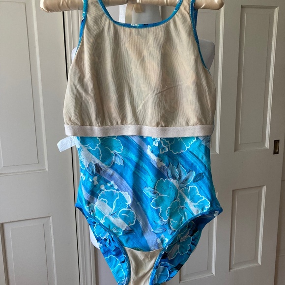 Blue Floral One Piece Bathing Suit w Keyhole Back - Picture 7 of 12